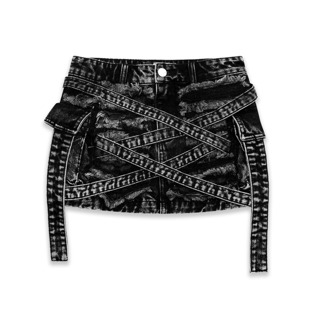 VENIM Destroyed Denim Mini Skirt - Washed Onyx