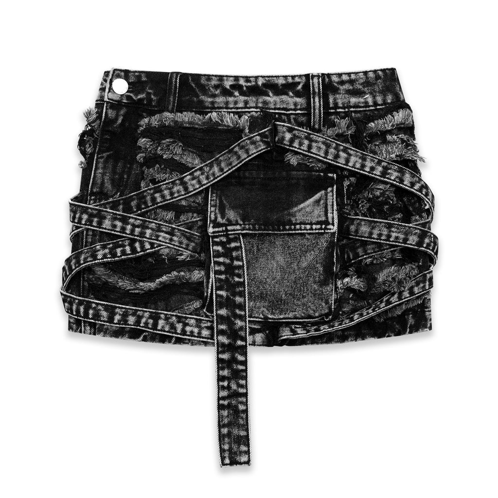 VENIM Destroyed Denim Mini Skirt - Washed Onyx