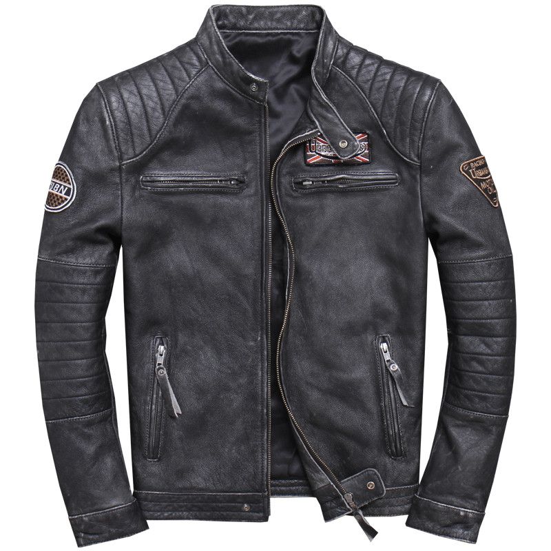 Men's Harley-Style Distressed Genuine Leather Motorcycle Jacket | Stand Collar Slim Fit