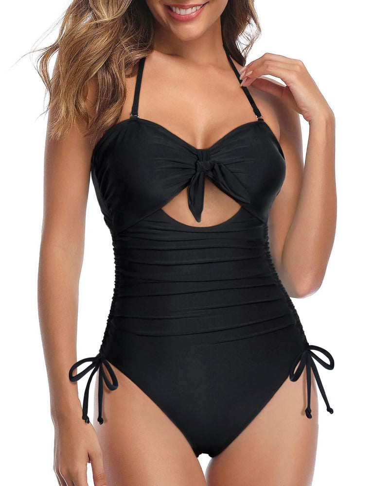 Women's Halter Tie Knot Cutout One-Piece Swimsuit | Tummy Control, High Waist, Backless | Black, Sizes S–XXL