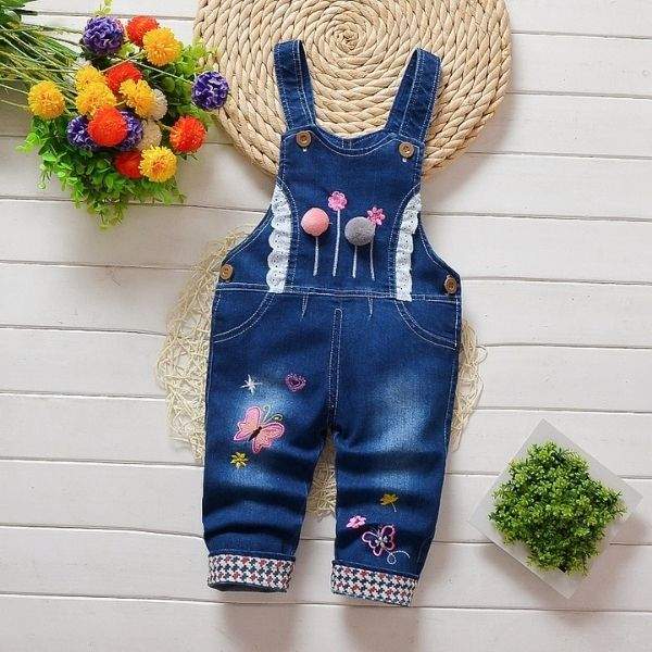 Baby Girl Denim Overall Jumpsuit | Butterfly & Teddy Bear Appliqué