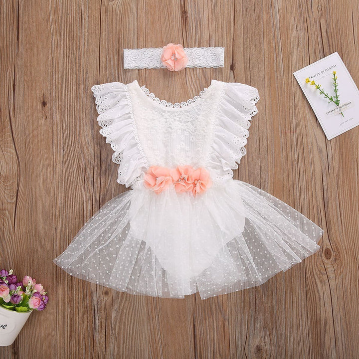 Girls' White Lace Tulle Bow Dress | Sleeveless Summer Party Dress